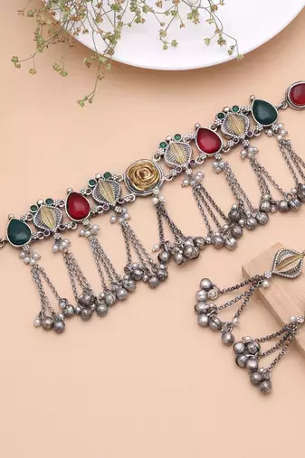 Multi color dual tone oxidised kashmiri necklace set heritage style