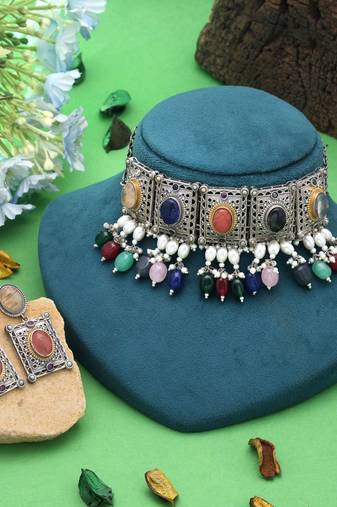 Multi color dual tone oxidised stone necklace set designer style