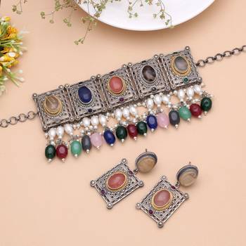 Multi color dual tone oxidised stone necklace set designer style 2