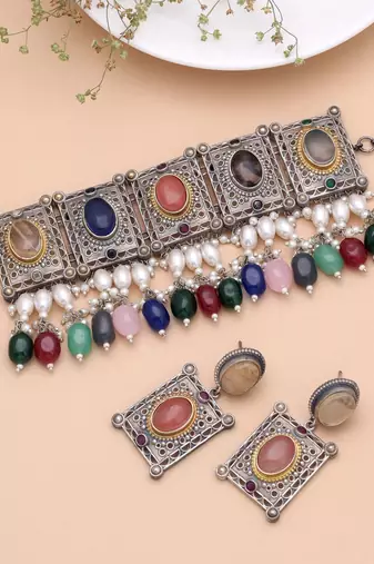 Multi color dual tone oxidised stone necklace set designer style