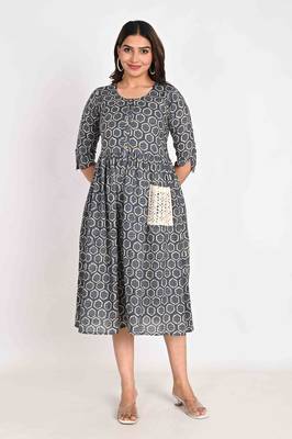 Cotton Midi Blue A line Dress with Schiffli pockets 1