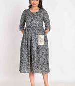 Cotton Midi Blue A line Dress with Schiffli pockets