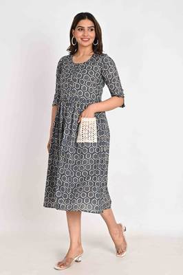 Cotton Midi Blue A line Dress with Schiffli pockets 3