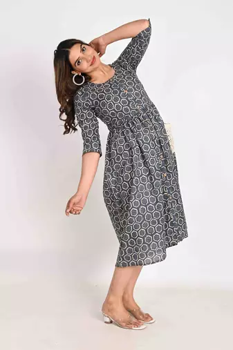 Cotton Midi Blue A line Dress with Schiffli pockets