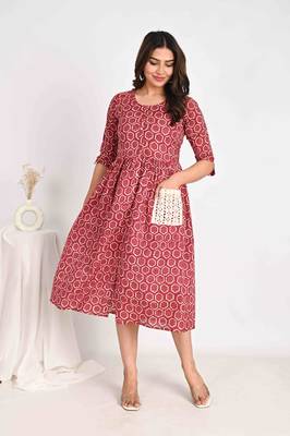 Cotton Midi Pink A line Dress with Schiffli pockets 1