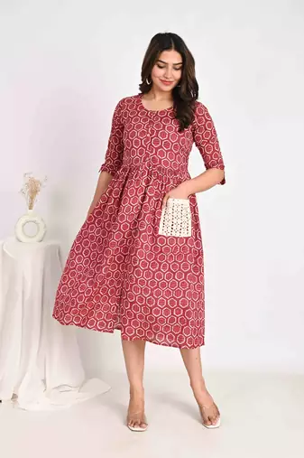Cotton Midi Pink A line Dress with Schiffli pockets