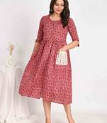 Cotton Midi Pink A line Dress with Schiffli pockets