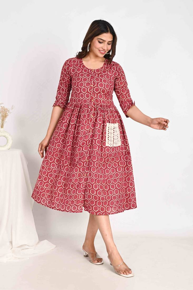 Cotton Midi Pink A line Dress with Schiffli pockets