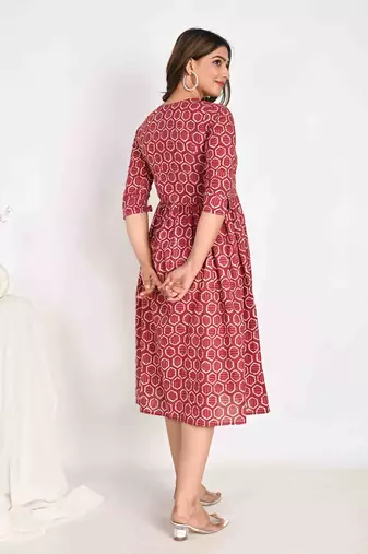 Cotton Midi Pink A line Dress with Schiffli pockets
