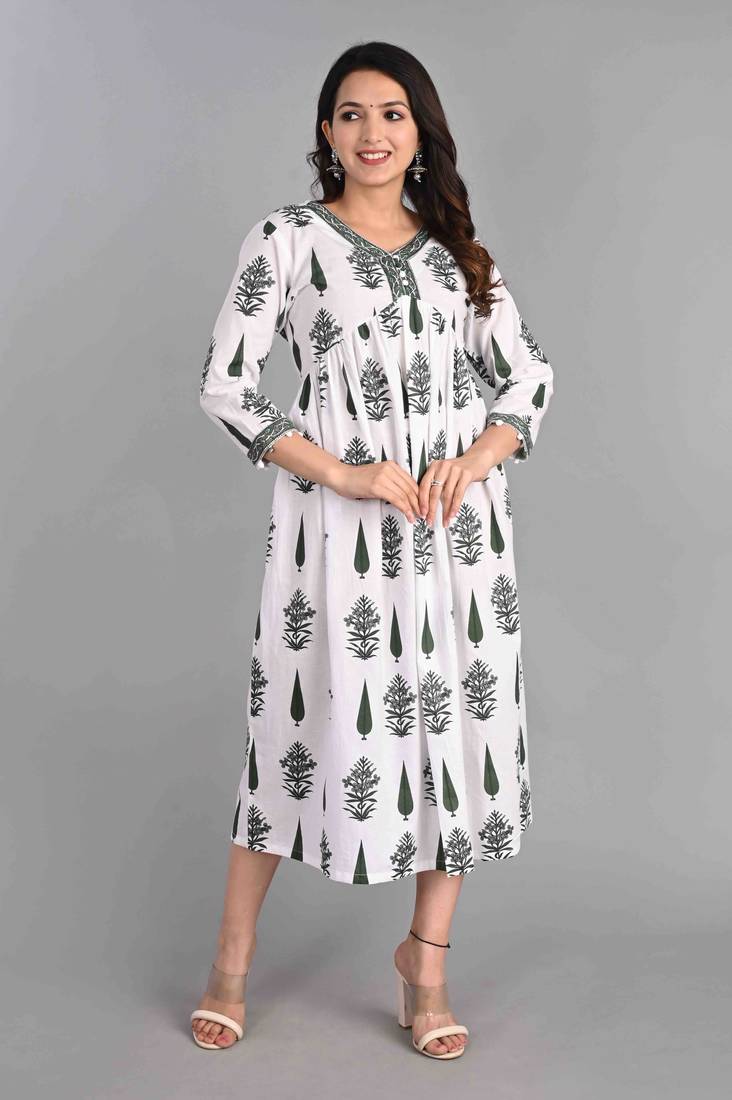 Jaipur sanganeri leaf print green A-line dress