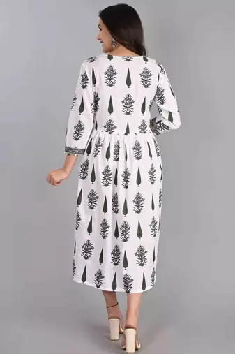 Jaipur sanganeri leaf print green A-line dress