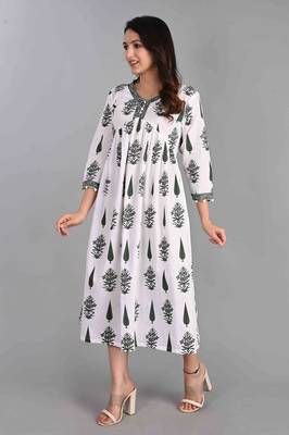 Jaipur sanganeri leaf print green A-line dress 3