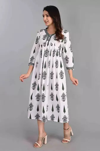 Jaipur sanganeri leaf print green A-line dress