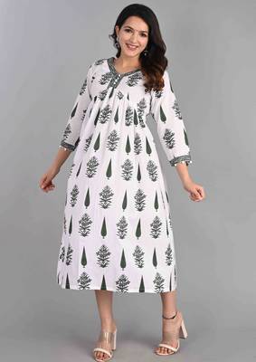 Jaipur sanganeri leaf print green A-line dress 4