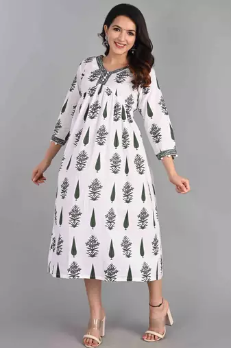 Jaipur sanganeri leaf print green A-line dress