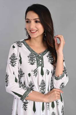 Jaipur sanganeri leaf print green A-line dress 5