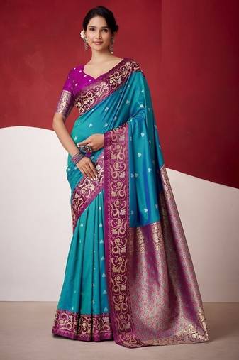 sky blue soft silk blend with rich woven borders sarees