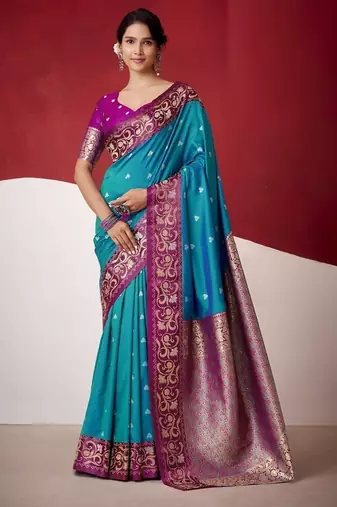 sky blue soft silk blend with rich woven borders sarees
