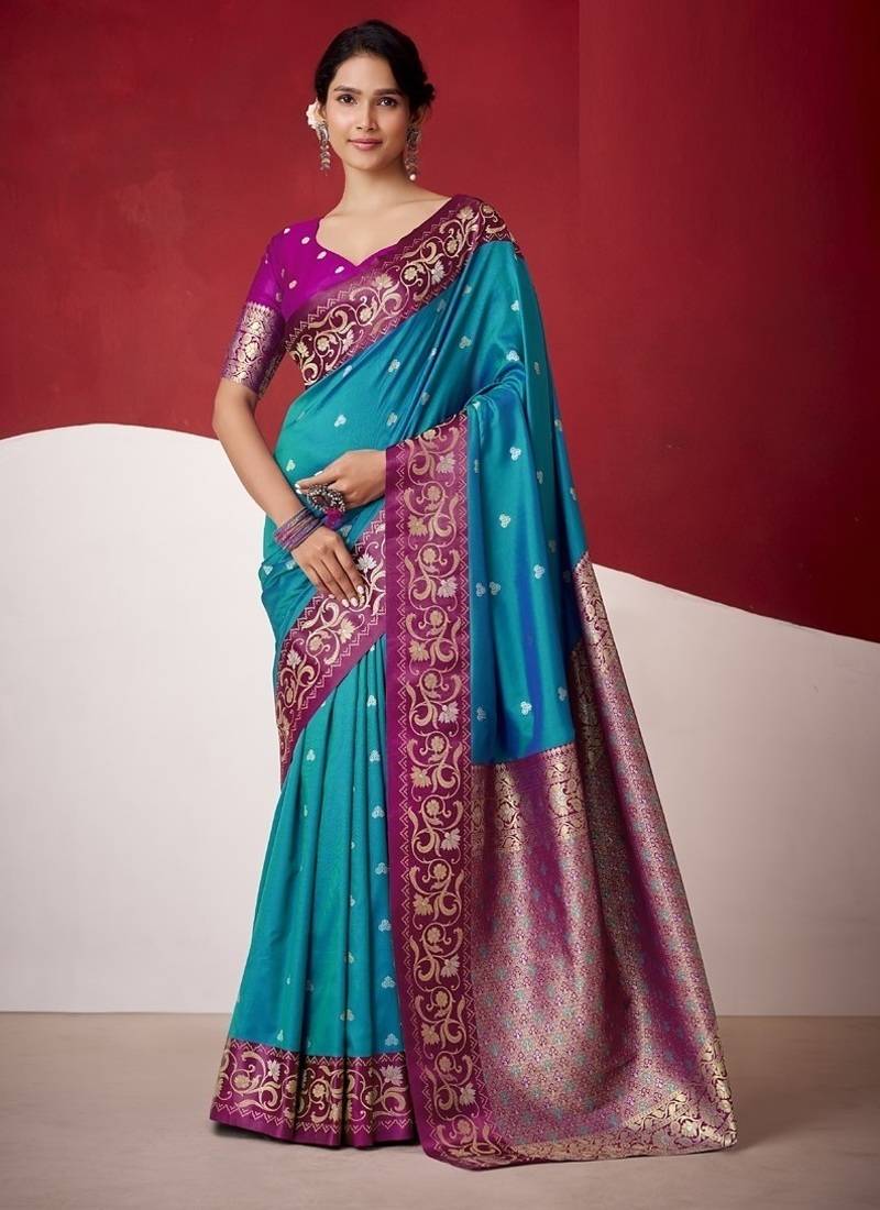 sky blue soft silk blend with rich woven borders sarees