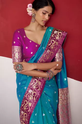 sky blue soft silk blend with rich woven borders sarees