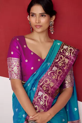 sky blue soft silk blend with rich woven borders sarees