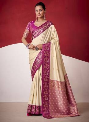 beige soft silk blend with rich woven borders sarees 1