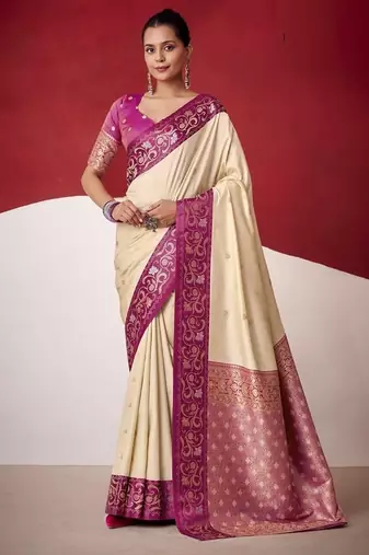 beige soft silk blend with rich woven borders sarees