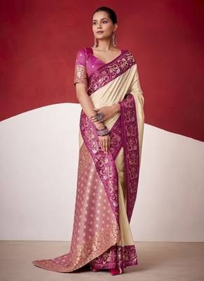 beige soft silk blend with rich woven borders sarees 2