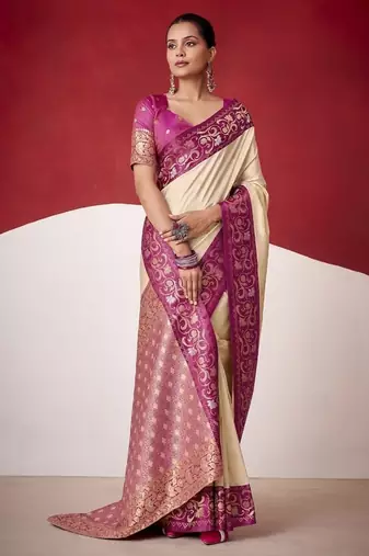 beige soft silk blend with rich woven borders sarees
