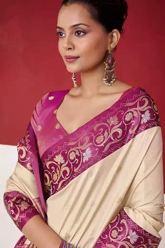 beige soft silk blend with rich woven borders sarees