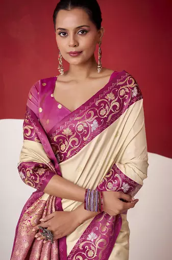beige soft silk blend with rich woven borders sarees