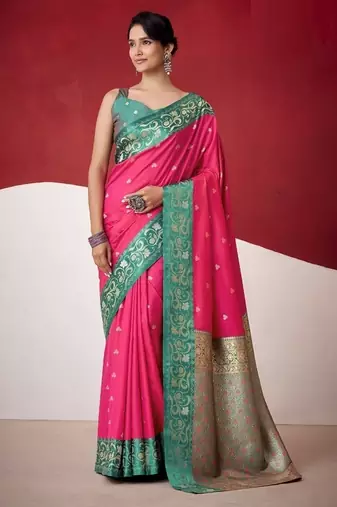 rani pink soft silk blend with rich woven borders sarees