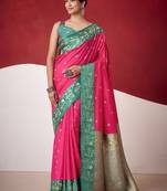 rani pink soft silk blend with rich woven borders sarees
