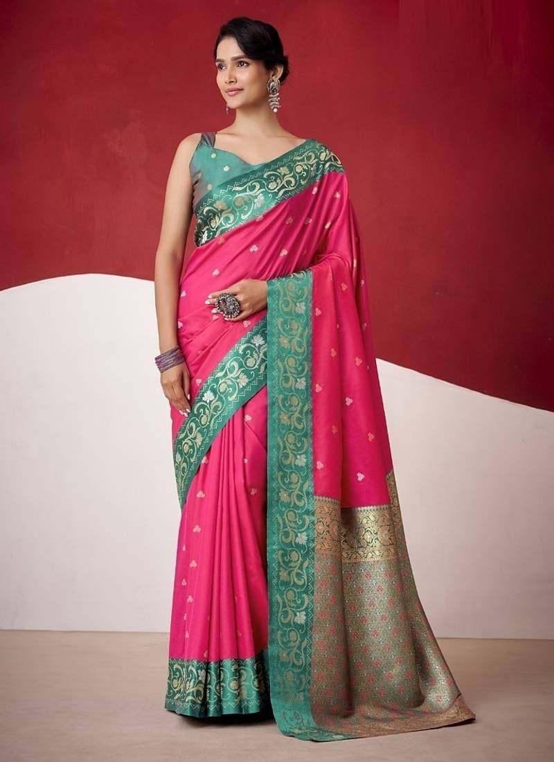 rani pink soft silk blend with rich woven borders sarees