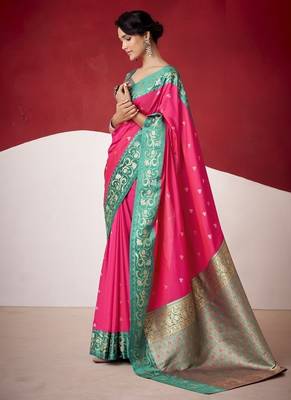 rani pink soft silk blend with rich woven borders sarees 2