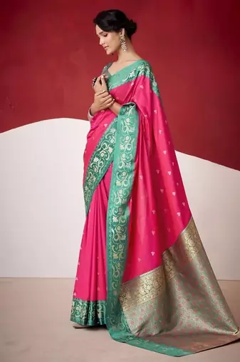 rani pink soft silk blend with rich woven borders sarees
