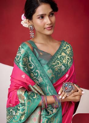 rani pink soft silk blend with rich woven borders sarees 3