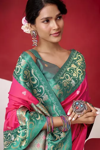 rani pink soft silk blend with rich woven borders sarees