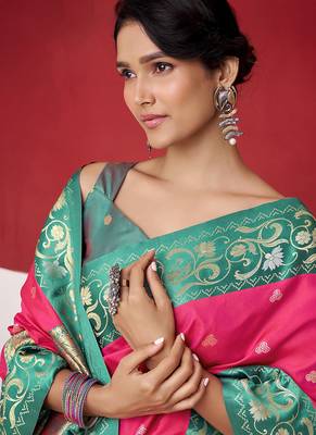 rani pink soft silk blend with rich woven borders sarees 4