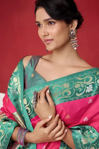rani pink soft silk blend with rich woven borders sarees
