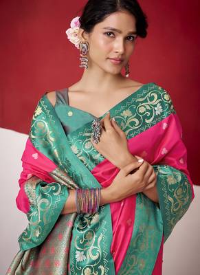 rani pink soft silk blend with rich woven borders sarees 5