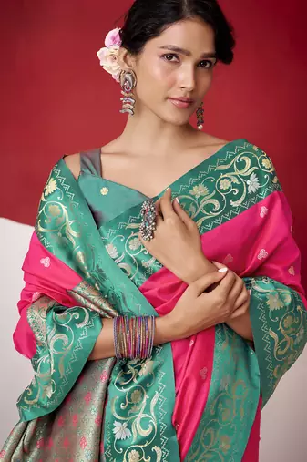 rani pink soft silk blend with rich woven borders sarees