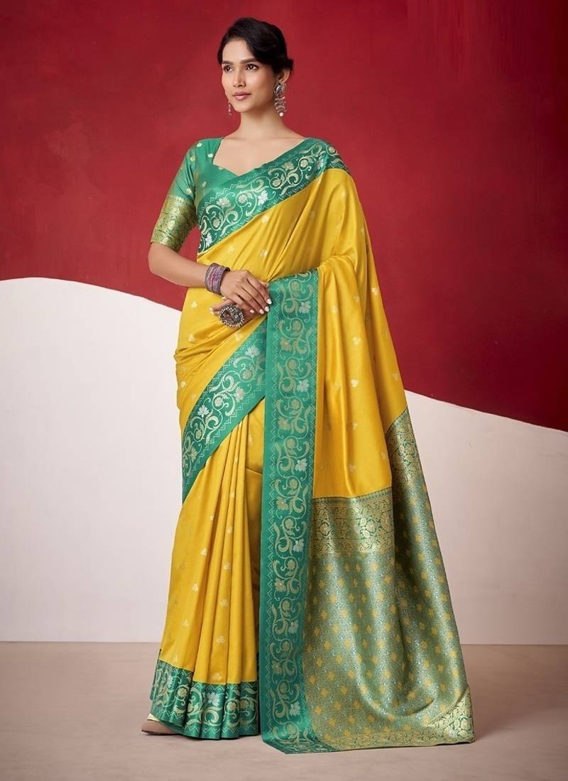 mustard soft silk blend with rich woven borders sarees