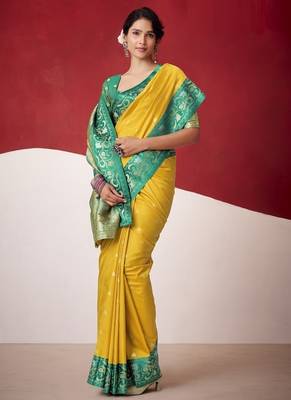 mustard soft silk blend with rich woven borders sarees 2