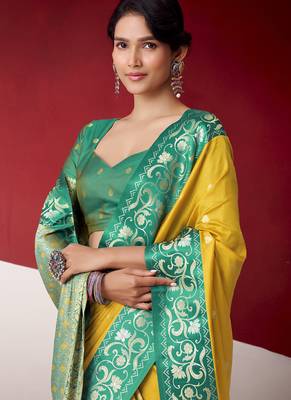 mustard soft silk blend with rich woven borders sarees 3