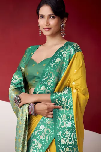 mustard soft silk blend with rich woven borders sarees