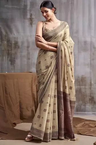 beige modal cotton blend casual wear saree