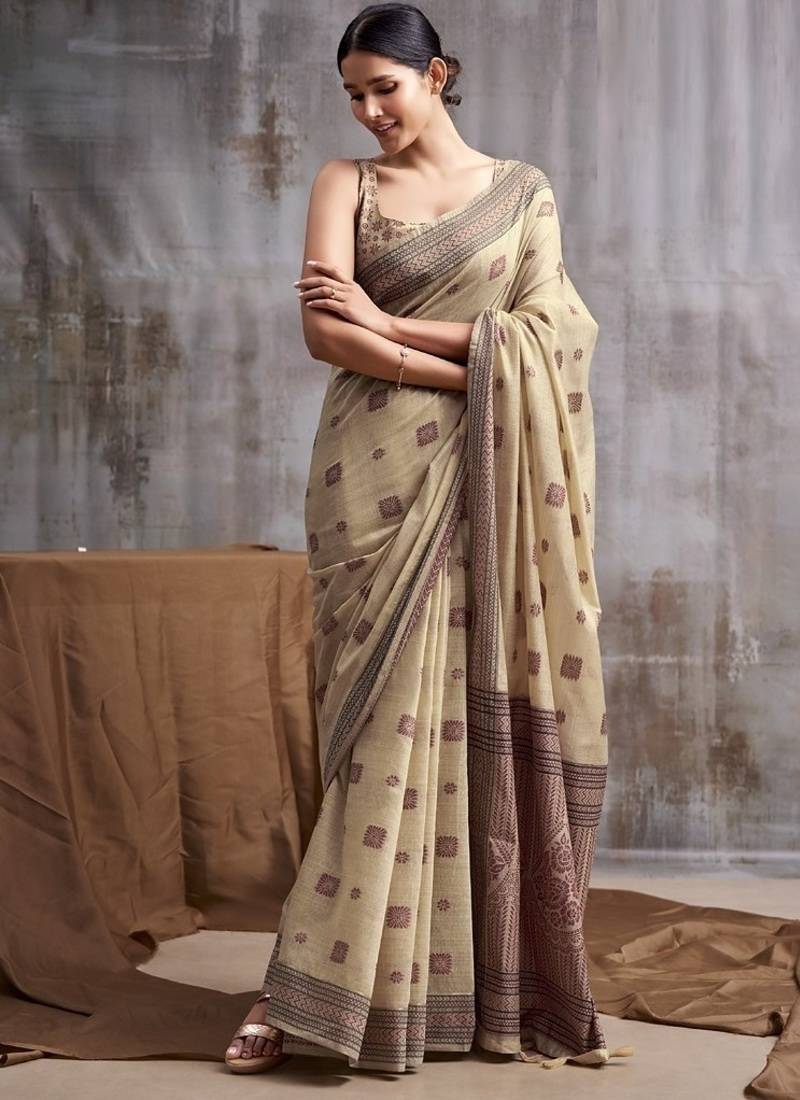 beige modal cotton blend casual wear saree
