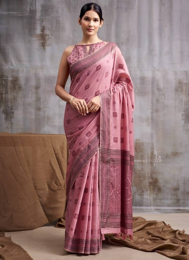 baby pink modal cotton blend casual wear saree
