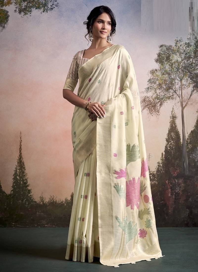 off white linen festival wear saree